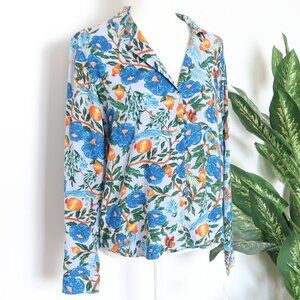 Monki Blue Yellow Orange Print Floral Print Button Front Blouse Shirt Top Medium